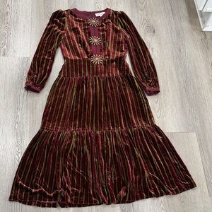 Saloni stripped Velvet Dress with Floral Accents